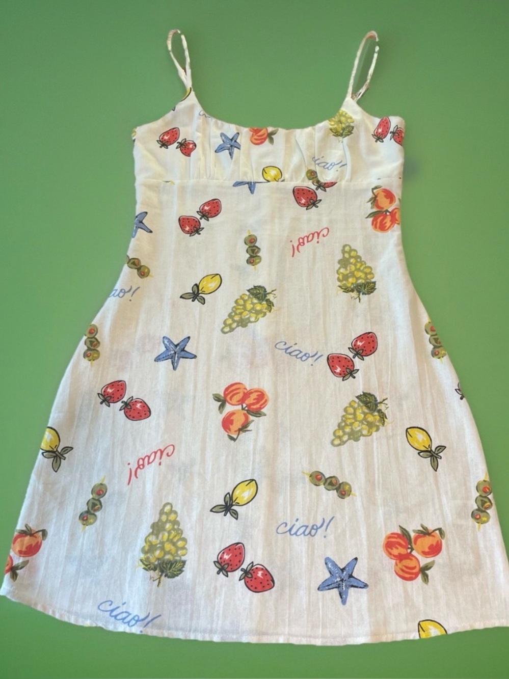 NWT Derek Heart Fruit Print Mini Dress M Ciao Strawberry Lemon Olive Euro